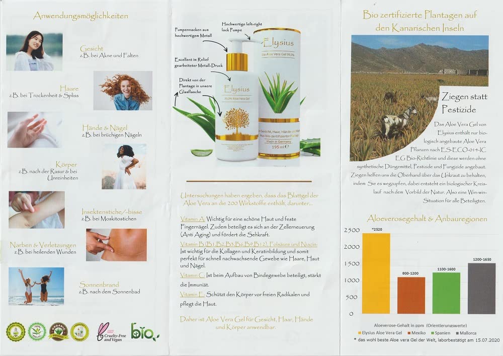 Elysius Bio Aloe Vera Gel ++ 99,3% ++ 195 ml ++ fr Gesicht, Haar, Hnde,  Krper ++ plastikfrei ++ EUR 153,59/Liter : Amazon.de: Handmade-Produkte