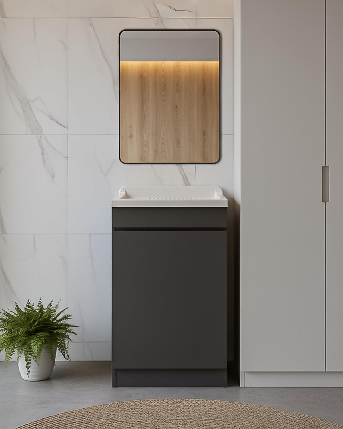 le Lavanderia Mobile Lavanderia Legno Grigio 45x50 fino a 80x50 cm H85cm con Lavabo Resina Pronto all'Uso Design Italiano per Bagno & Lavanderia Sto