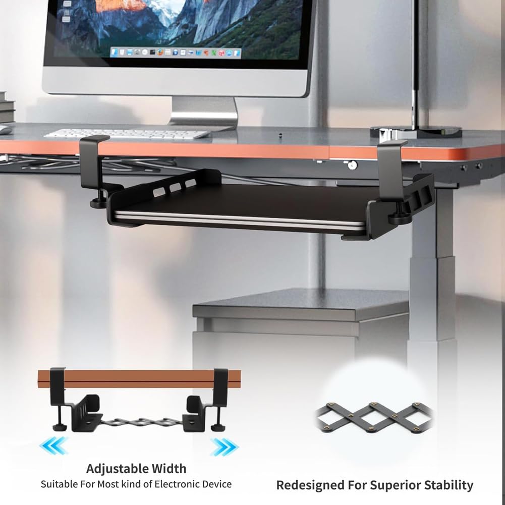 Supporto regolabile per laptop sotto la scrivania, supporto sospeso in metallo senza fori con cuscinetto in silicone per laptop, MacBook, tastiera