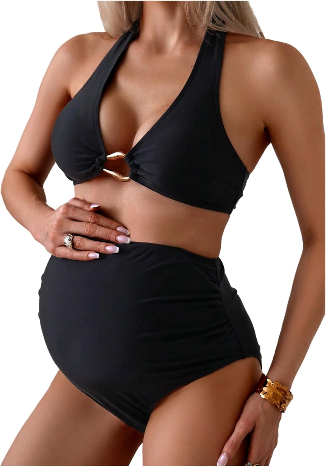 OYOANGLE Women's Maternity Bikini Sets Ring Linked Halter Swimsuits High Waisted Pregnancy Bathing Suits