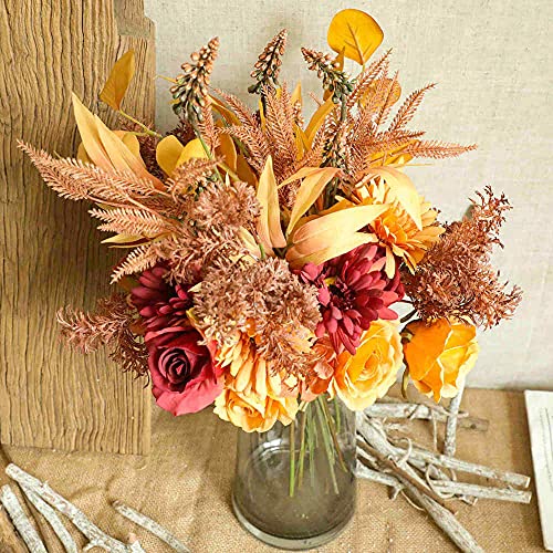 Kirifly Artificial Fake Flowers Plants Silk Flower Arrangements Wedding Bouquets Decorations Plastic Floral Table Centerpieces For Home Kitchen Garden Party Décor (Autumn Red) #TOP5
