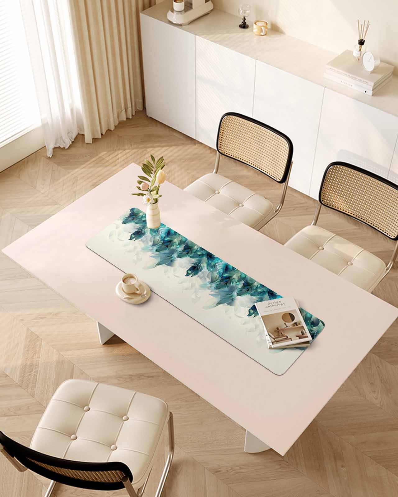 Debedcor Heat Proof Table Pads Waterproof Decorative, Turquoise Feather Non-Slip Table Countertop Protector, Farmhouse Rustic Modern Beige Insulation Mat for Dining Room, 48 x 12 Inches