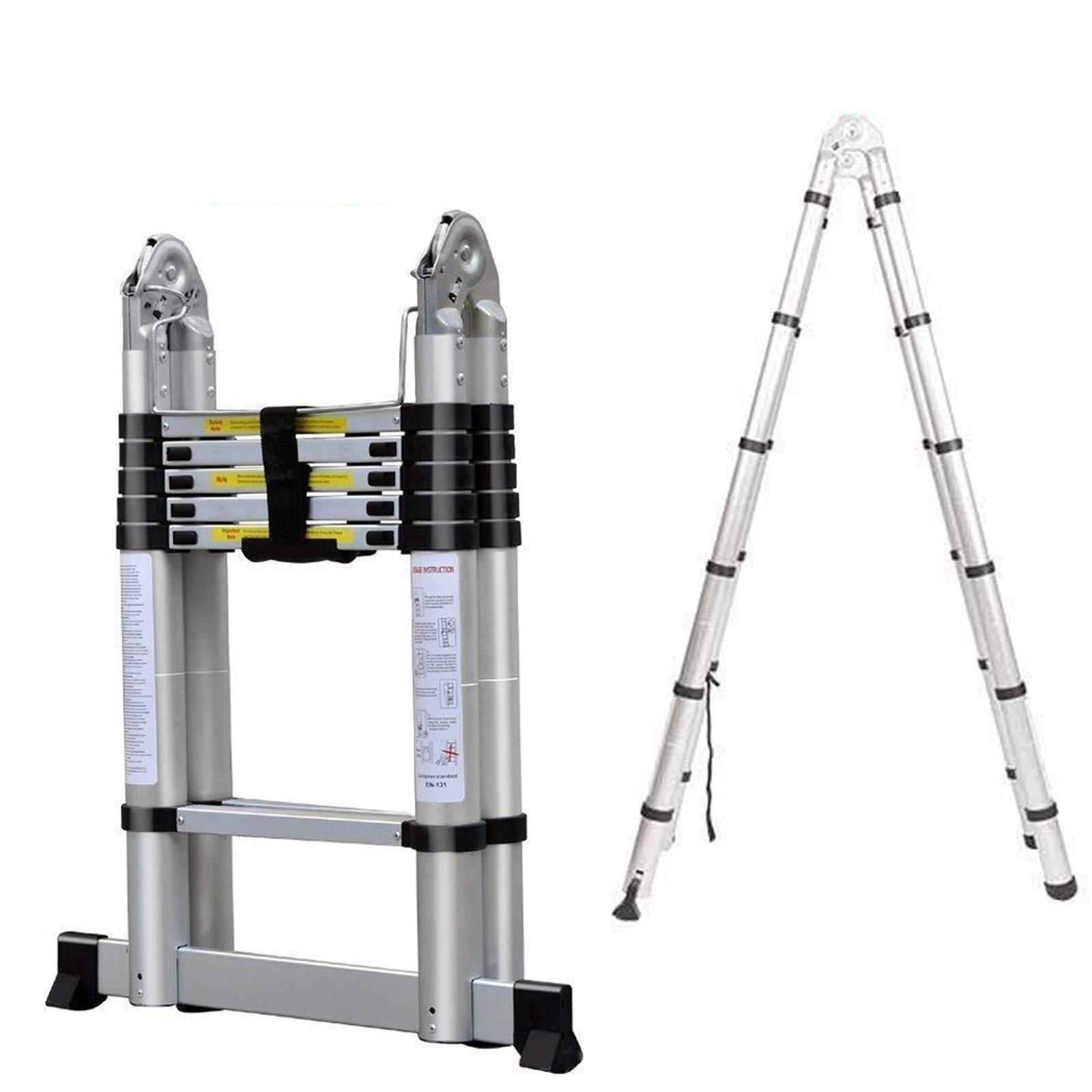 Dicn Silver 3.8M 12.5Ft Telescopic Ladders Extending Folding Steps 150Kg 330Lb Capacity Aluminium Portable Multi Function For Home Loft Office Roof Work Diy Builder Indoor Outdoor