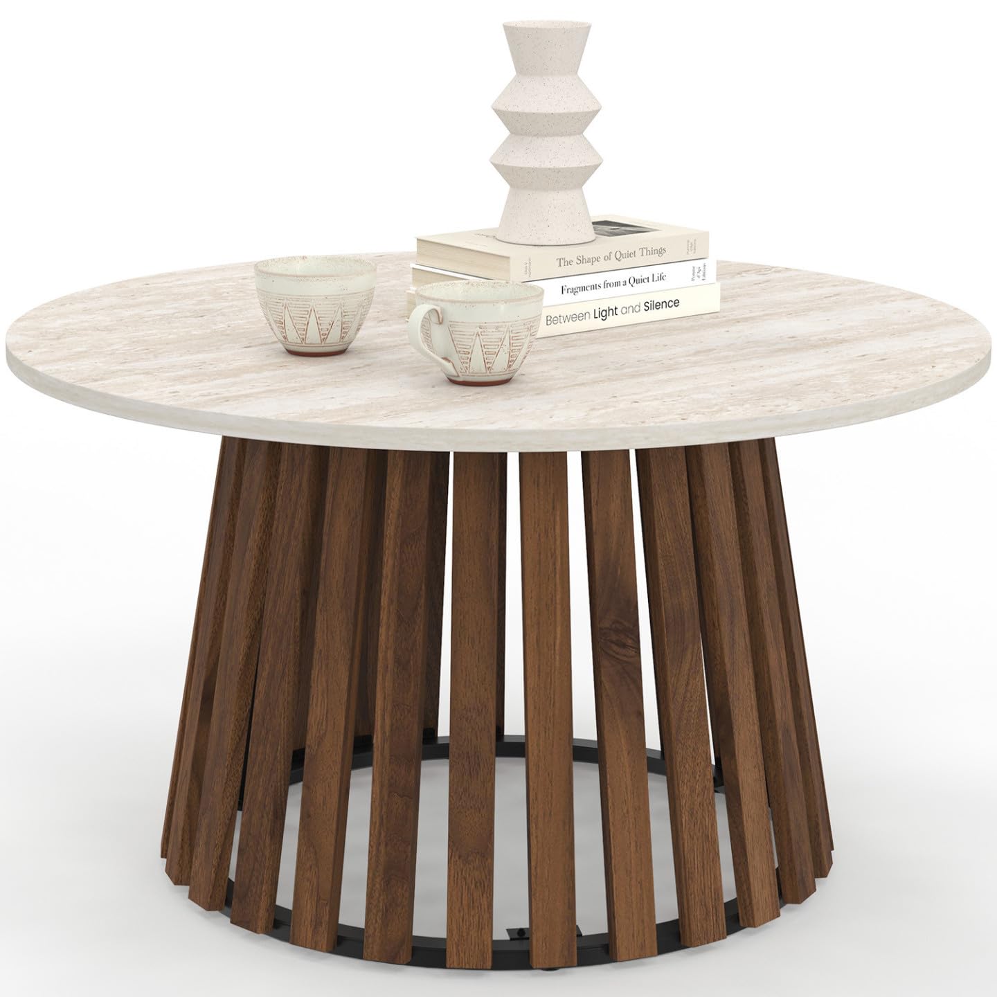 IDMarket - Mesa de centro, redonda, Carmen, 70 cm, base de madera de listones, efecto nogal y tapa de travertino