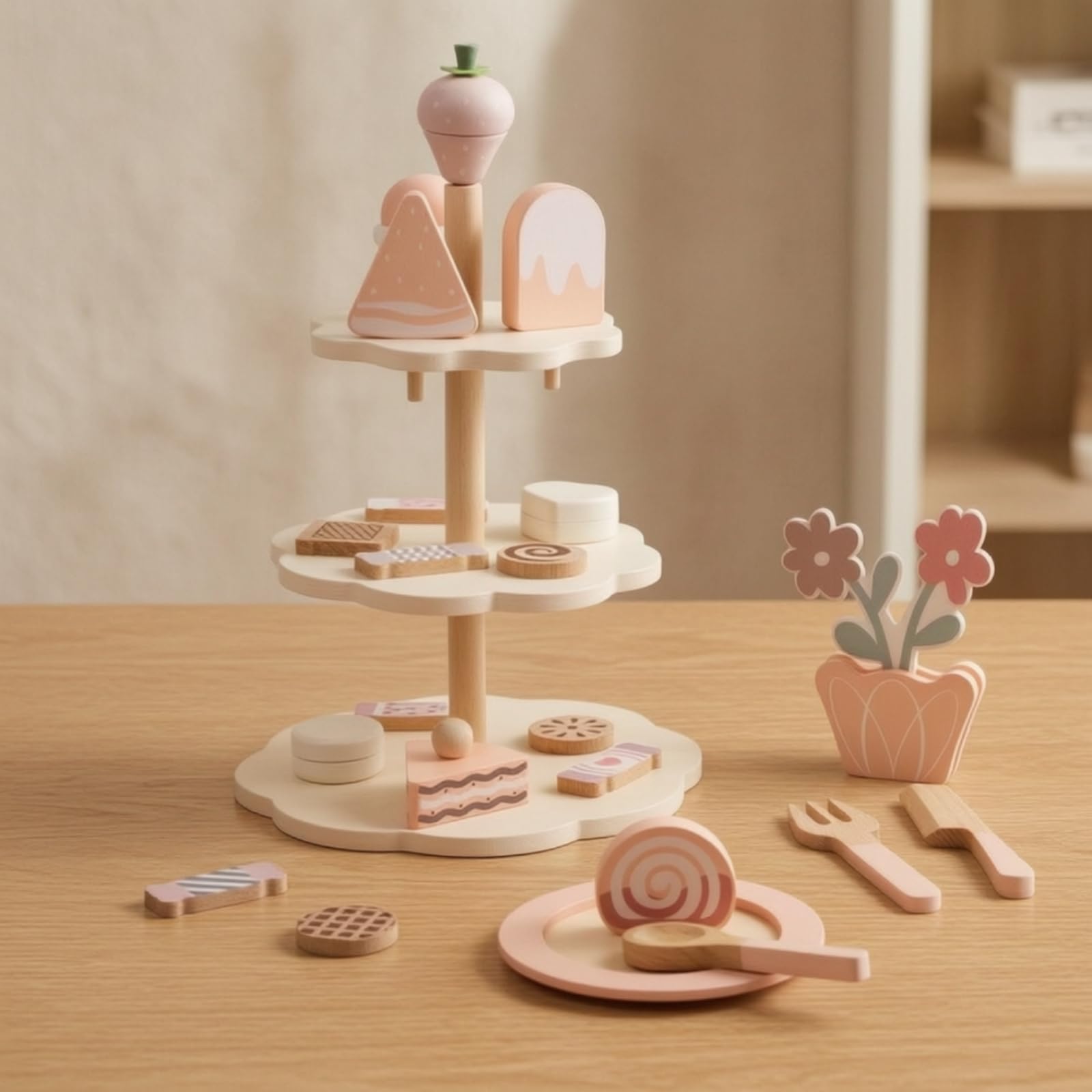 Perfeclan Children Play Kitchen Juego de Té Infantil Juguete de Madera Set de Dulces Soporte de Pasteles Helados Lollipops con Madera Lisa Adecuado para de Té Juego Simbólico Cocinas de Juego