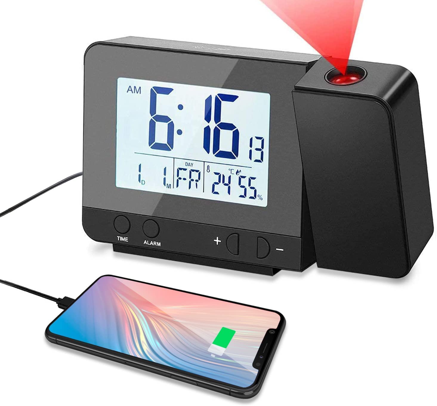 Deofde Sveglia con proiezione, Sveglia Digitale con Ampio Display LCD, Orologio Digitale con Doppio Allarme, Funzione Snooze, Timer di Standby, 12 / 24h, termometro Interno