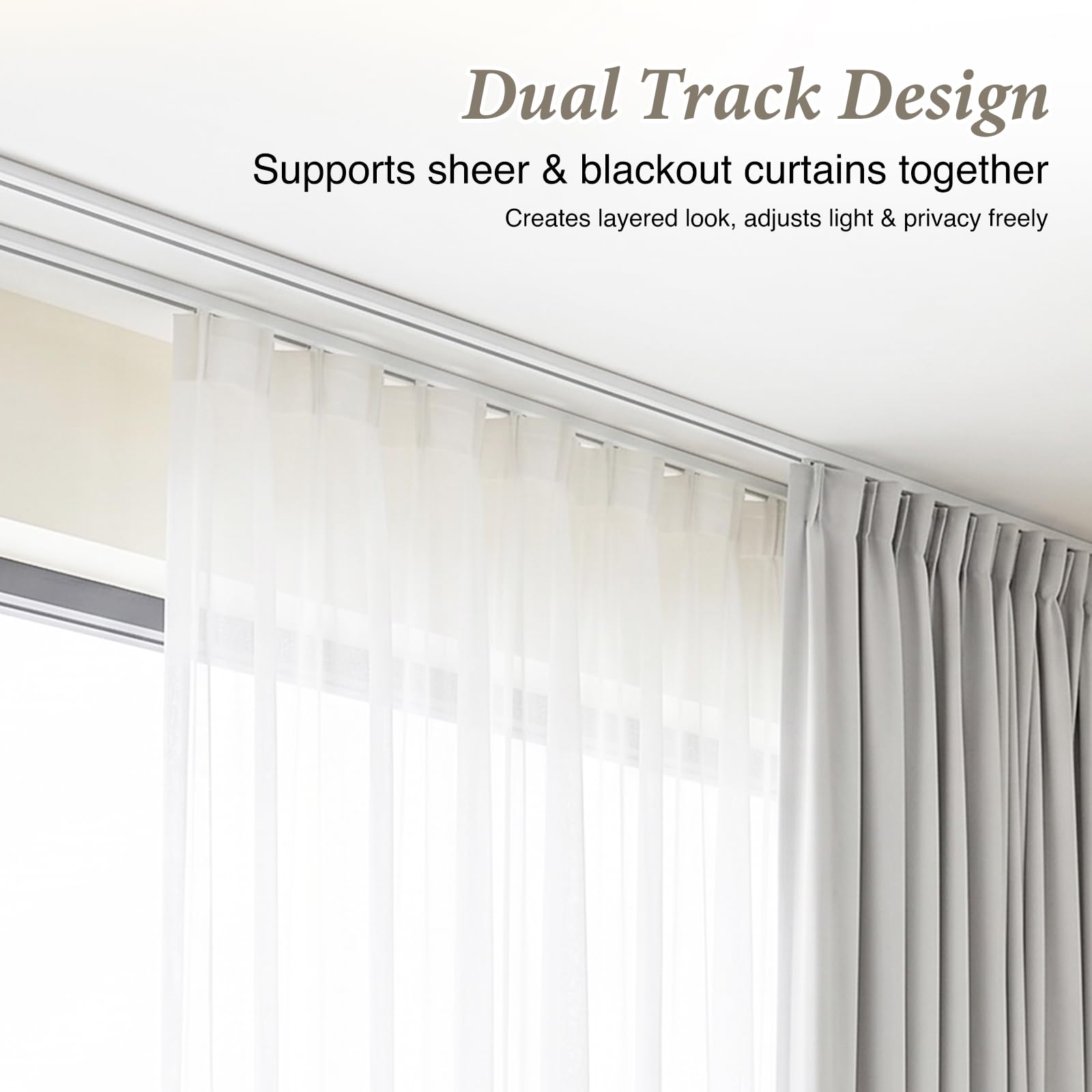 Rail de rideau à 2 voies - Montage au plafond - 200 cm - Double rail en aluminium avec fonction coulissante silencieuse - Pour salon, chambre à coucher (blanc, 2 m)