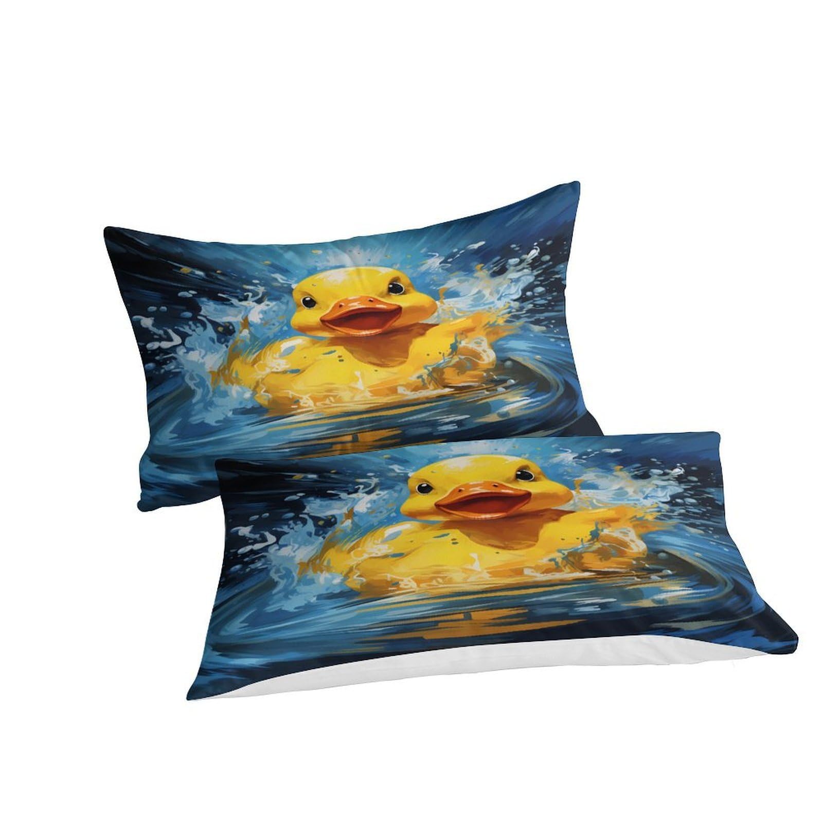 Gummi Ente Splash 3-teiliges Reines Polyester Cartoon spielerischer Stil Bettbezugset, Versteckter Reißverschluss, Für Kleinkinder, Babysicher & Gifffrei, Pflegeleicht King（220x240cm）