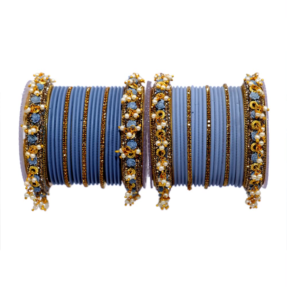 NMII Metal with Base Metal and Studded with Zircon Gemstone and Pearl linked Latkan Pattern Chuda set for Women/Girls, (
