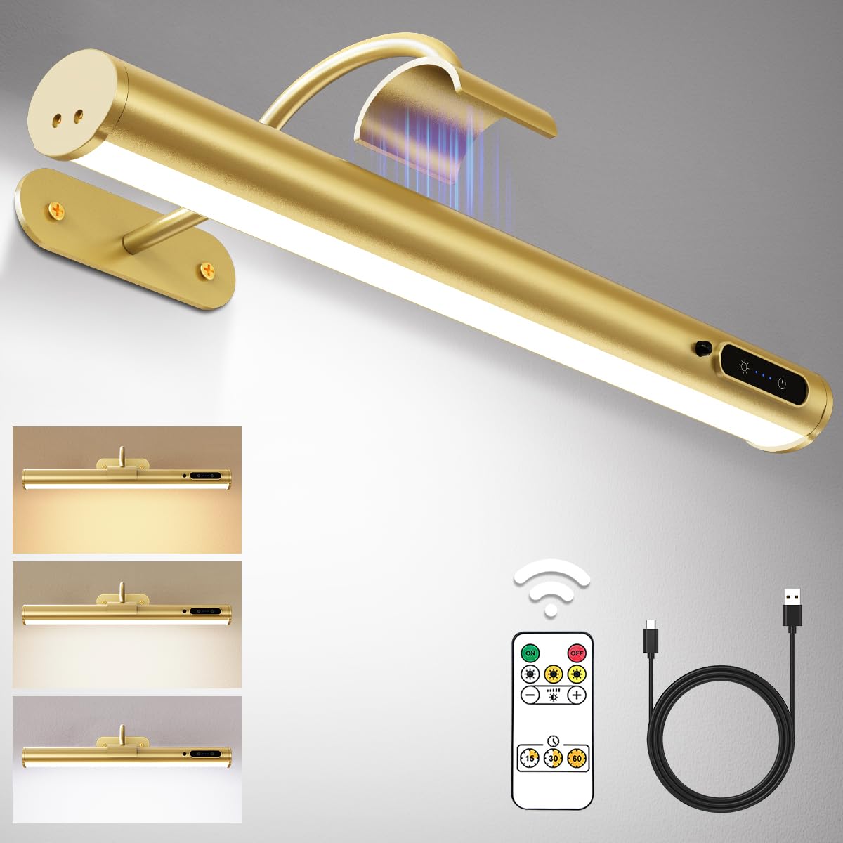 Hapfish Aplique espejo baño sin cable, luz inalambrica para cuadros, 4000mAh recargable lamparas de pared con mando a distancia, iluminacion sin cables para espejo de baño, cuadros, interior