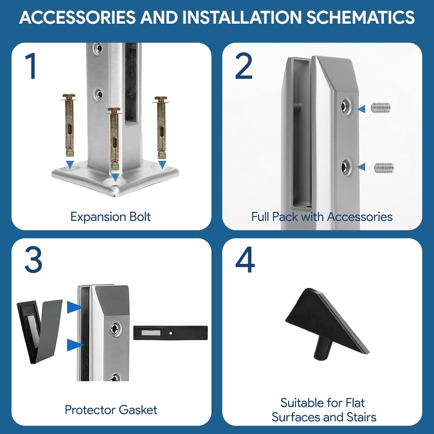 10 PCS Square Glass Railing Spigots, 304 Stainless Steel Fence Clip, Glass Balustrade Clamp Kit for Balcony Deck Pool, Stairs Indoor and Outdoor (Silver)