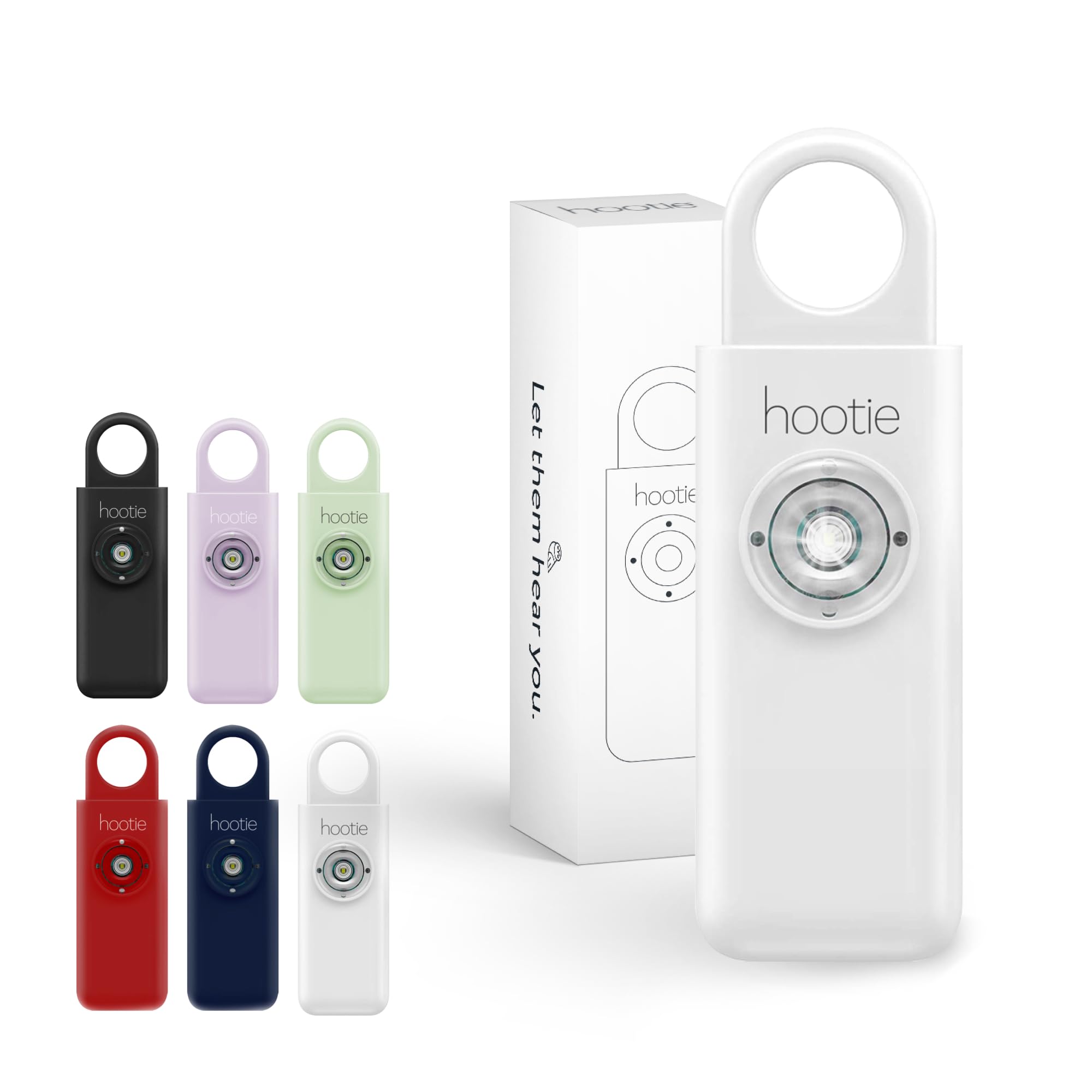 Hootie Personal Safety Alarm for Women, Men, & Kids - Keychain Alarm, Self Defense Strobe & Siren, Security Siren Keychain with 130dB Self Defense Siren & Strobe Light - White