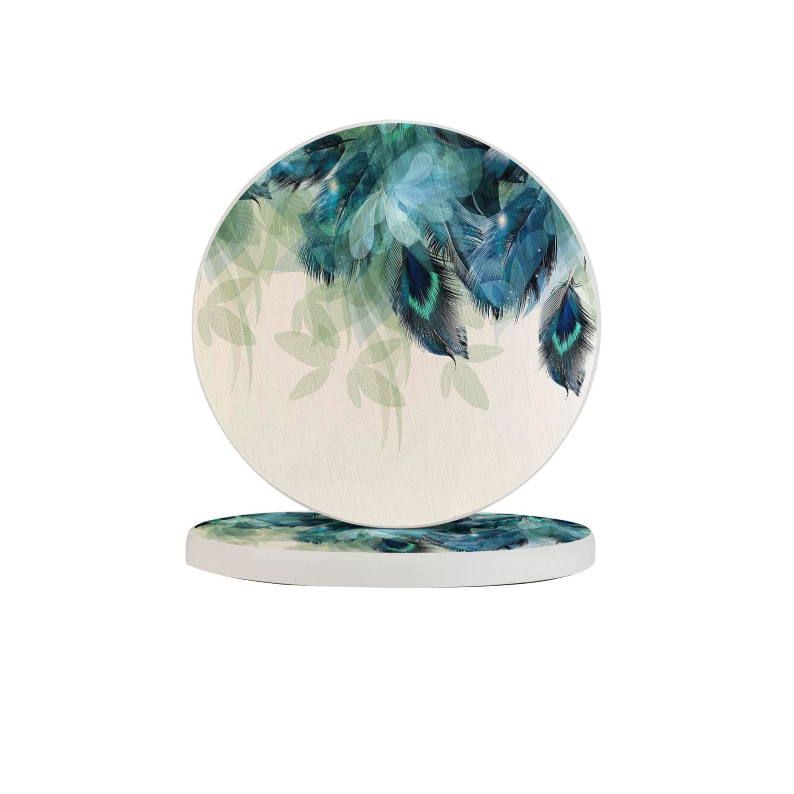 Peacock Feather Four Pieces Coaster Heat-Resistant Reusable Saucers for Drinks Wine Glasses Plants Cups Mugs