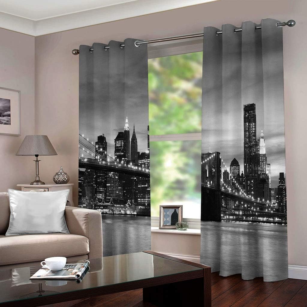 遮光 窓カーテン 幅117 x 丈138 cm x 2枚入 ニューヨークの橋 3Dパターン グロメット 断熱遮光カーテン キッズ テ
