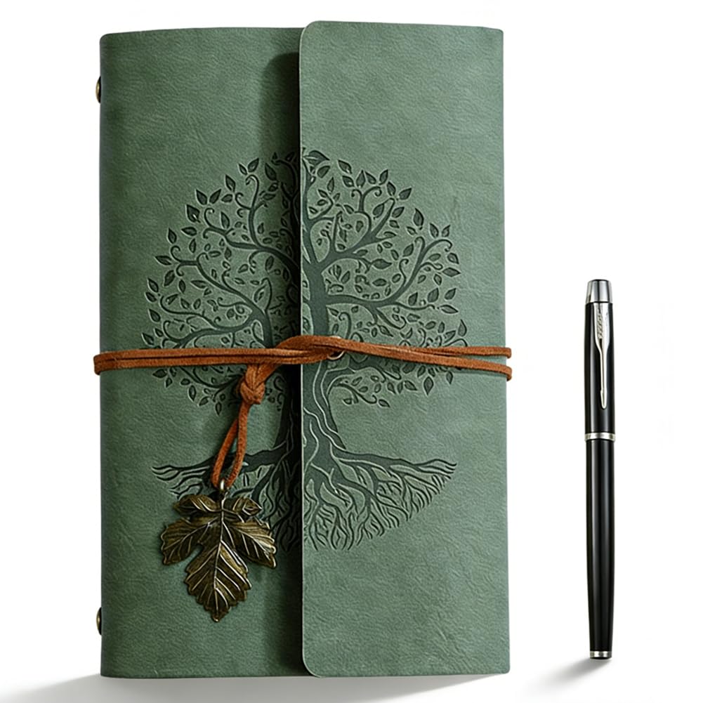 KMFASVX Leather Journal Notebook A6,Refillable Diary and Pen,Women Men Teenager Soft Cover 150 Pages Unlined Kraft Paper for Writing,4.7 x 7.3 Inches