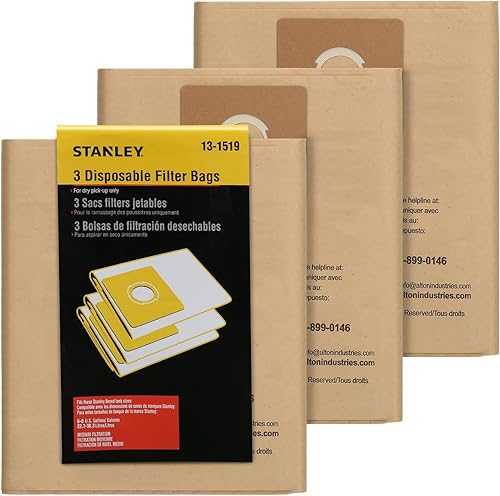 Stanley 13-1519 Bolsa de filtro desechable para aspiradoras húmedassecas SL18016 y SL18017, paquete de 3