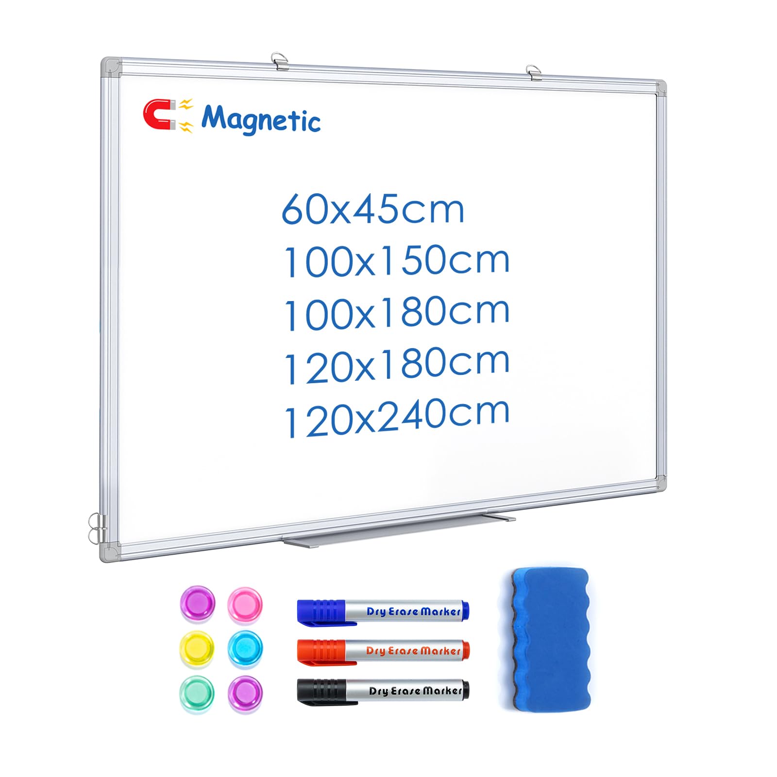 Magnetic White Board 60 x 45 cm Dry Erase Board Wall Hanging Alloyed Aluminum Frame A2 Whiteboard, with 3 Marker Pens, 6 Magnets, 1 Eraser