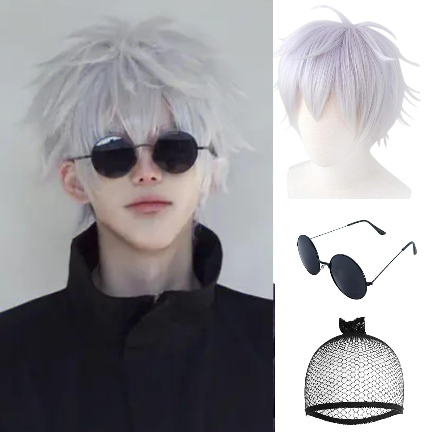 BESTBEL +Hair Cap Grey Wig with Glasses Short Light Purple Wig with Bangs for Gojo Cosplay Jujutsu Kaisen Cosplay Silver Hair for Men Halloween Costume Party