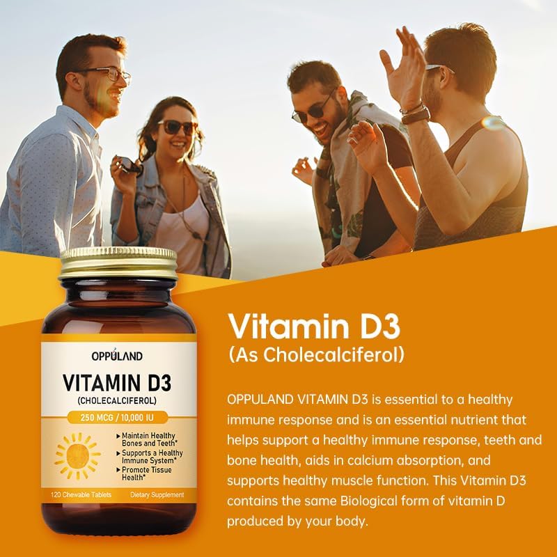 Vitamin D3 10000 IU (250 mcg) - Cholecalciferol,D3 Supplement, Vitamin D 10000 IU - 120 Chewable Tablets