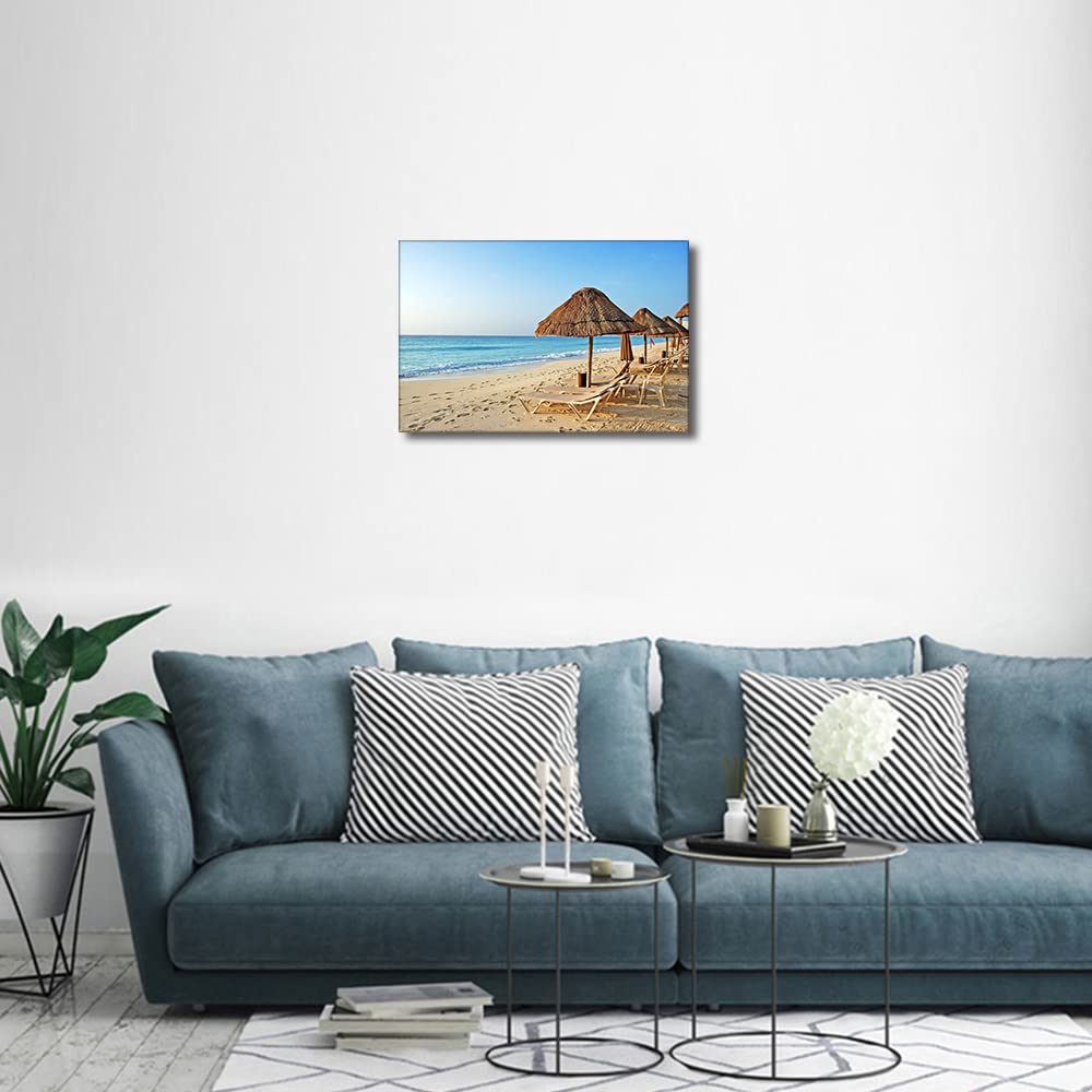 TISHIRON Canvas Prints Wall Art Beach Reclining Chair Landscape Sea Sandy Beach Pictures Stretched Canvas Wooden Framed for living Room Bedroom and Office 12x8inch - Image 3