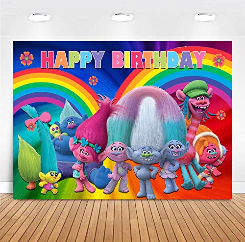 Colorful Rainbow Trolls Poppy Photography Backdrop 7x5ft Vinyl Girls Happy Birthday Decoration Party Banner Photo Booth Studio Props Trolls Photo Background Cake Table Supplies