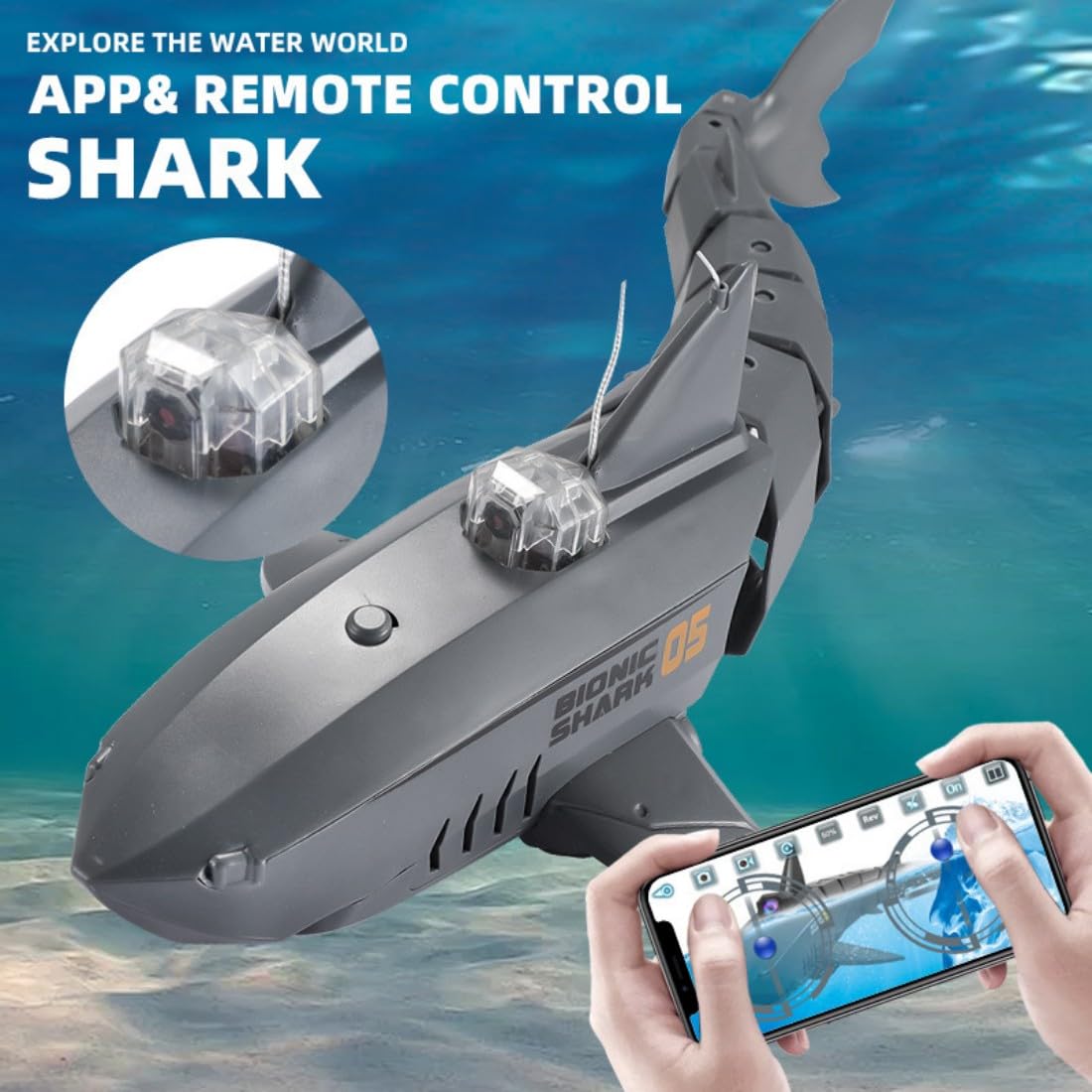 Tiburón teledirigido de 2,4 GHz con cámara APP, barco de tiburón impermeable con doble motor, rotación de 360° y batería recargable, juguete acuático de verano para piscina y lago (azul)