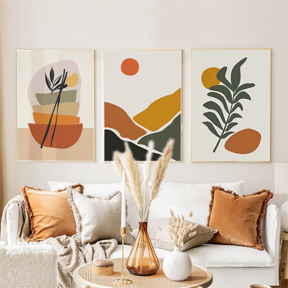WBYZAC Botanical Posters-Boho Abstract Geometry Landscape Mountain River Sun Leaf Posters Art Prints Canvas Painting Wall Pictures Living Room Kitchen Home Decor-60 * 80cm*3PCS (No Frame)