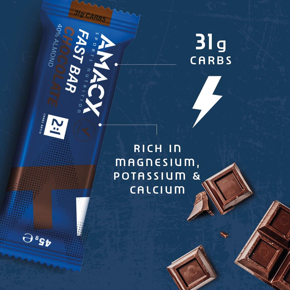 AMACX Energy Fast Bar con 40% di Mandorle con Proteine – Barrette Vegane – Confezione da 12 – Barrette Energetiche Ciclismo e Corsa – Barretta Proteica con Carboidrati 2:1 – Cioccolato