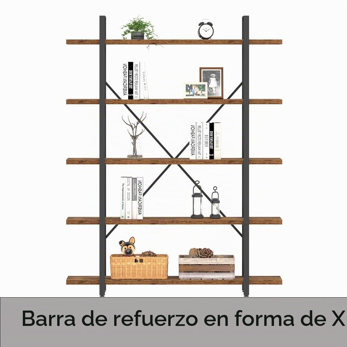HSH Estanterías rústicas y estantes para libros, 5 estantes, estantería de madera de metal de 5 niveles y estante de almacenamiento, estante grande vintage para libros, dormitorio, sala de estar,