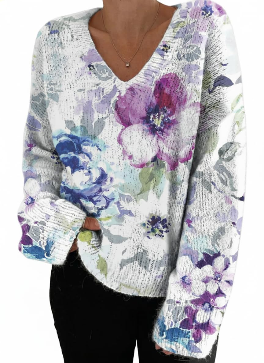 Womens Boho Plus Size Casual Long Sleeve V Neck Sweaters Vintage Graphic Pullover Knit Tops Loose Fitting Knitwear