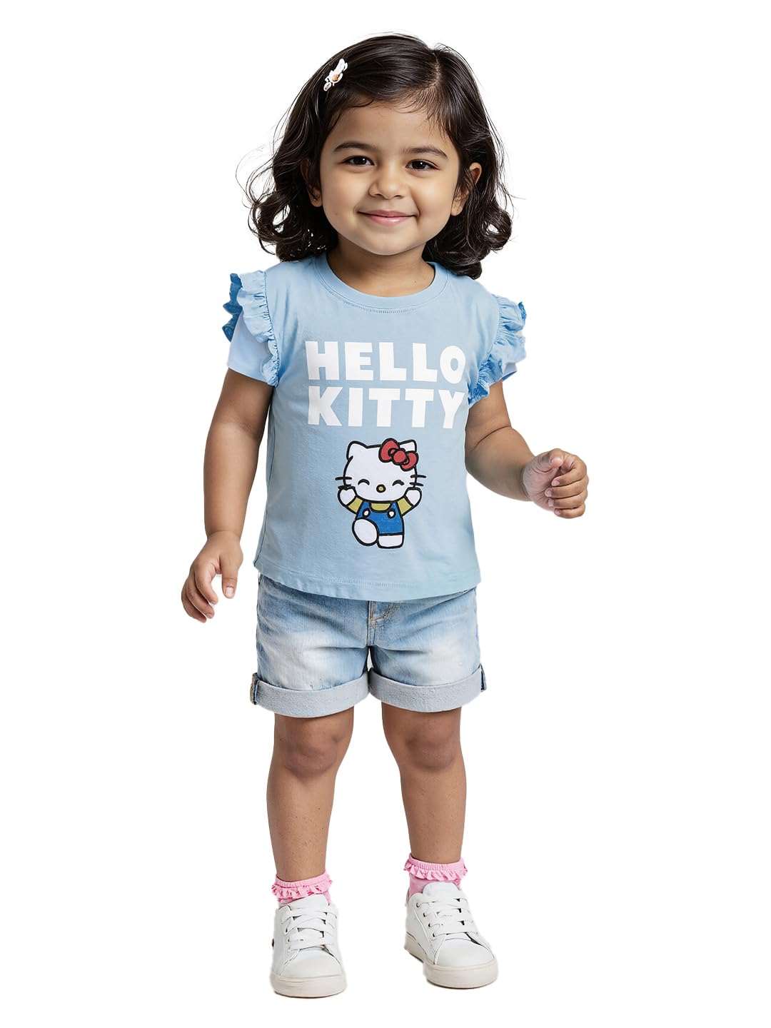 The Souled Store Hello Kitty: Kitty Love - Camiseta de algodón de manga corta con cuello redondo y estampado gráfico azul (2-8 años)