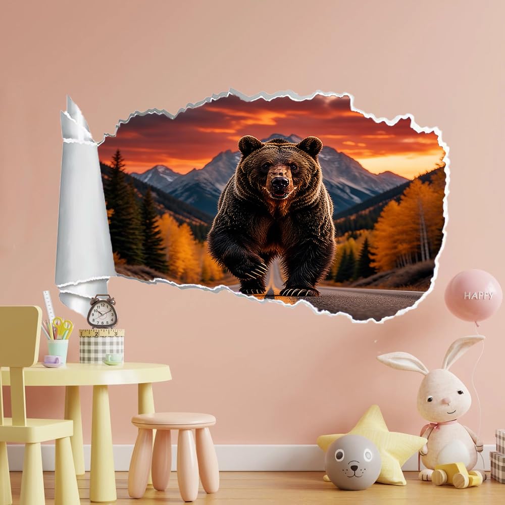 3D Wandtattoo I Wandbild Bären Waldtiere Wandaufkleber I Wandsticker Durchbruch Herbstlicher Sonnenuntergang Am Berg Poster Fensterblick I Wand Deko Aufkleber für Wohnzimmer Schlafzimmer Türaufkleber
