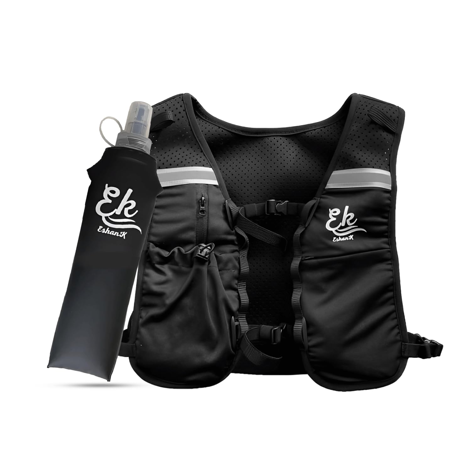 EshanK Running Vest - Adjustable Unisex Reflective Vest with Storage Pockets, Phone Holder, 500ml Soft water bottle and Storage Lightweight and Durable Running Backpack Alternative - Hydration Vest