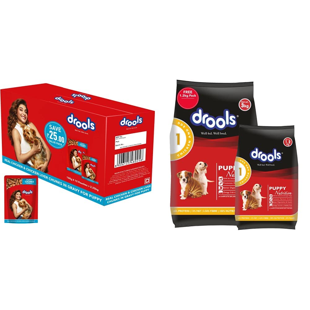 Drools Puppy Wet Dog Food, Real Chicken and Chicken Liver Chunks in Gravy, 15 Pouches (15 x 150g) & Chicken and Egg Puppy Dog Food, 3 kg with Free 1.2 kg (B096B266L9) Amazon Price History, Amazon Price Tracker