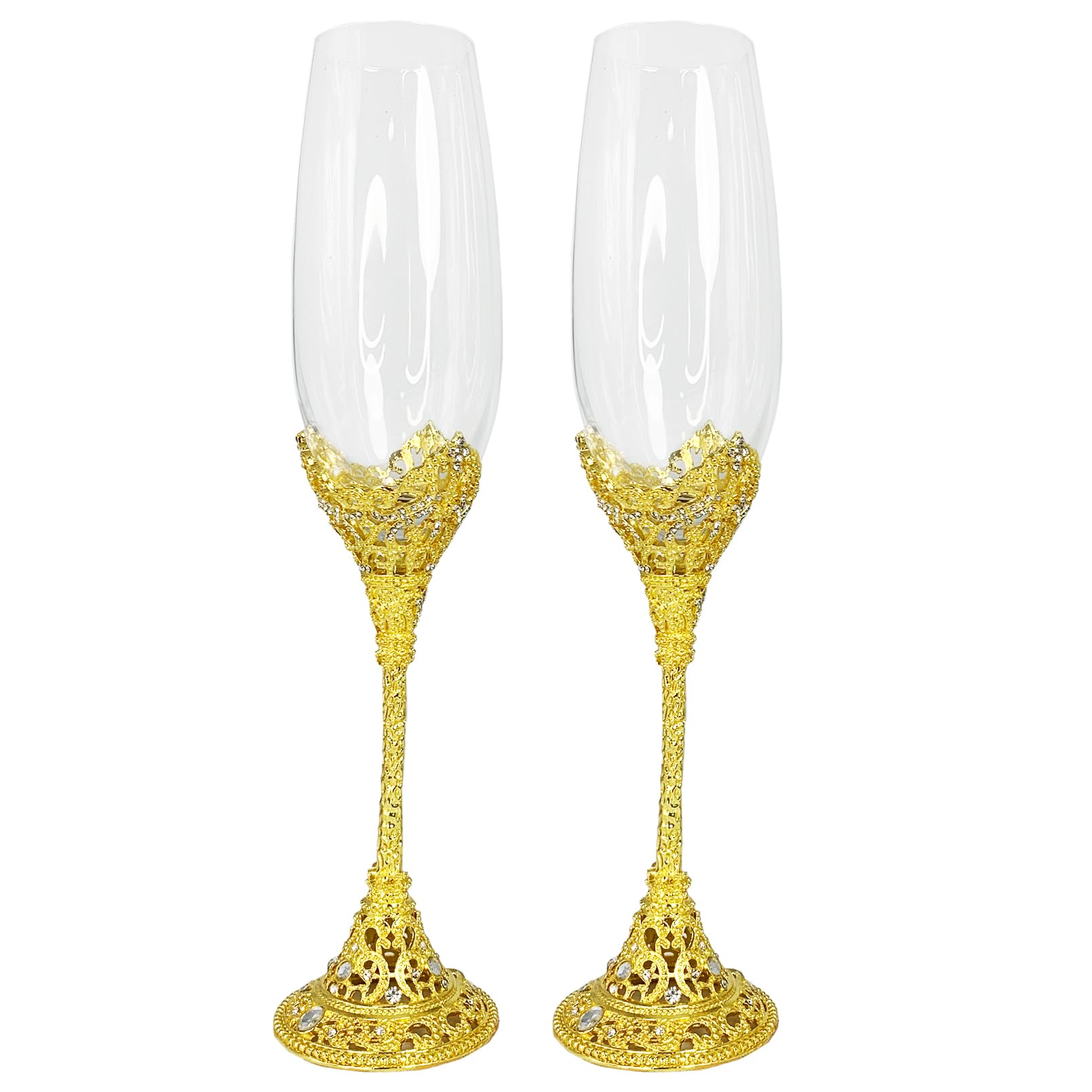 Tfwadmx Champagne Flutes Set of 2 Wedding Golden Toasting Flutes Wine Glasses Bride and Groom Elegant Crystal Champagne Glasses for Betrothal, Anniversary, Party, 8oz