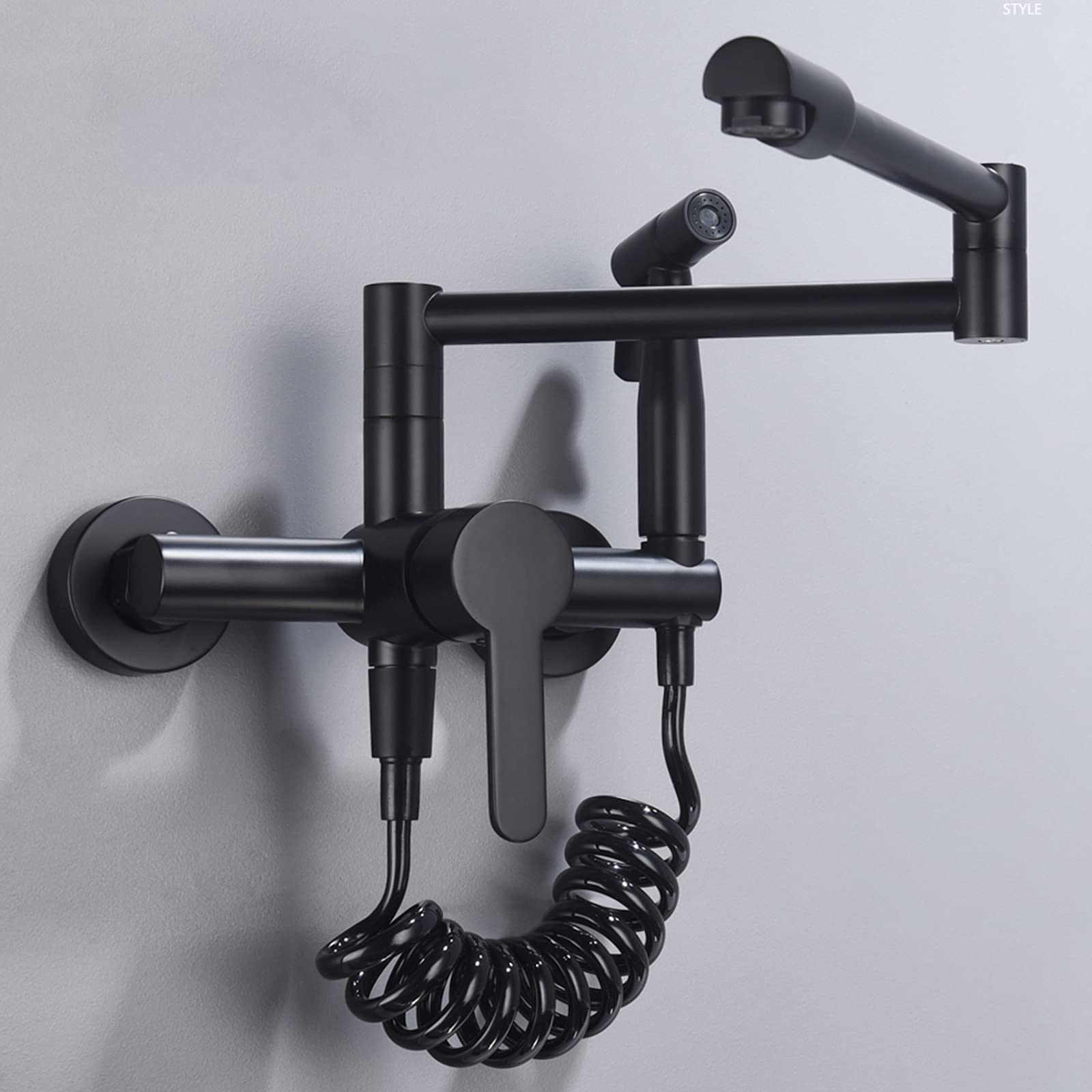 Grifo de Cocina de Montaje en Pared con rociador, latón Extensible, Doble articulación, Brazos oscilantes, Fregadero de Cocina, Grifo Mezclador Monomando Caliente y frío, Negro(Noir)