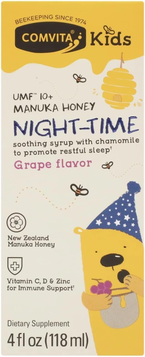 COMVITAKids Night-Time Soothing Cough Syrup, Grape | Great Tasting with Manuka Honey, Vitamin C, D, Zinc, Ivy Leaf Extract | Throat Relief & Immune Support | Dye-Free 4 Fl oz