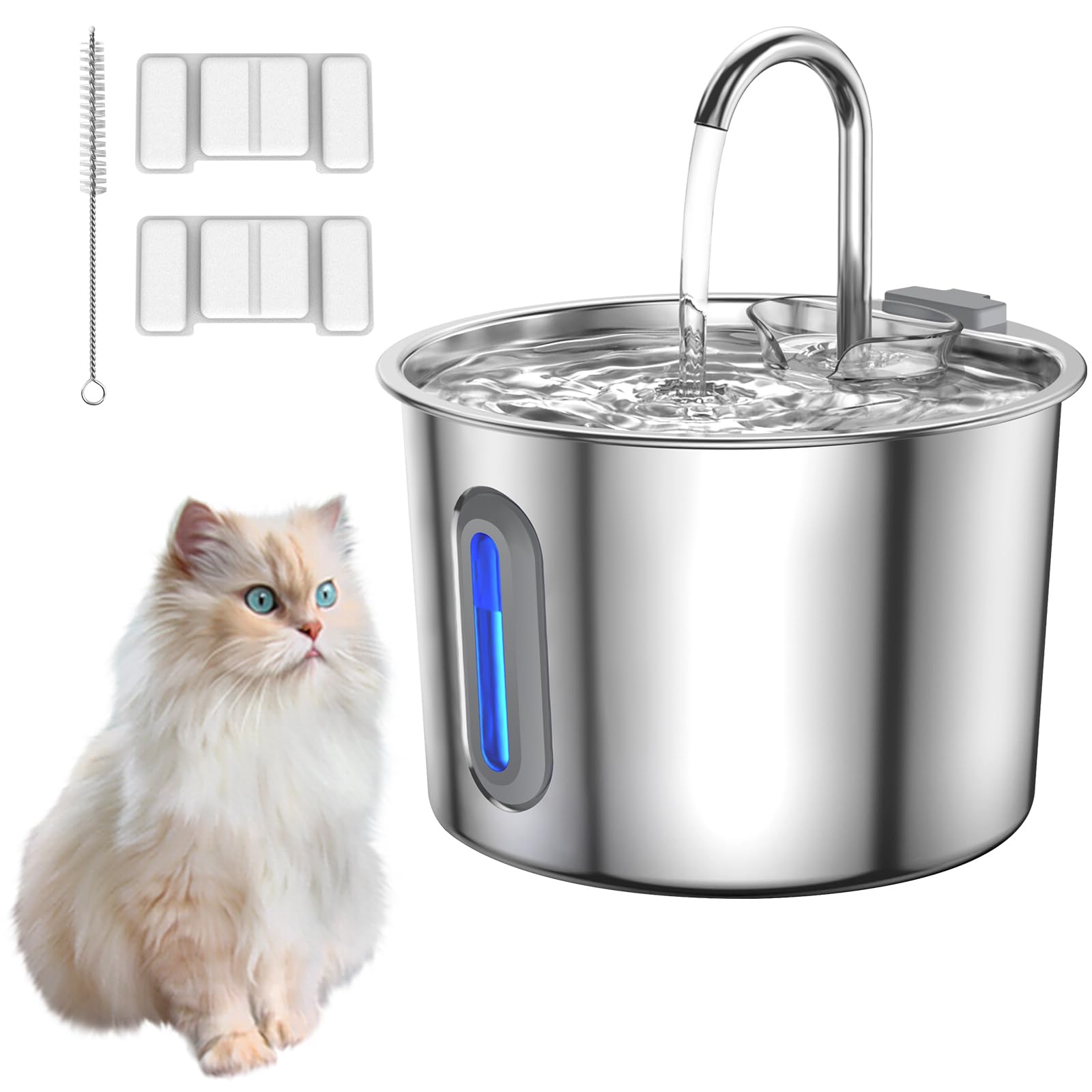 Cat Fountain for Drinking, 2.2L Cat Fountain Bowl Stainless Steel with LED Water Level Window and Activated Carbon Filter, Quiet Pet Water Dispenser, 2 Filter Elements, for Small Dogs, Cats