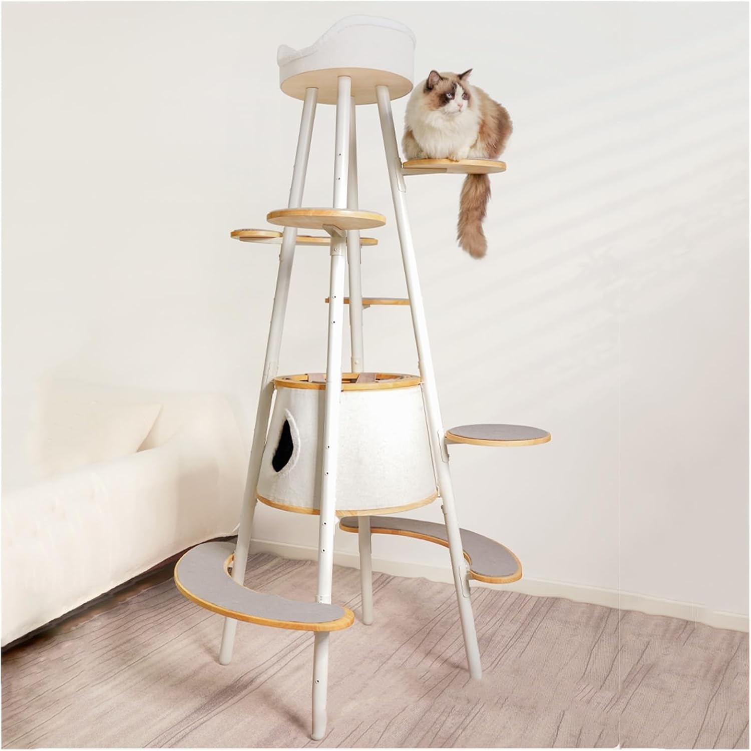 Post Jumping Cat Tree Adjustable Height Carbon Steel Bracket Multi Rubberwood Jumping Platform Hammock Multi-Cats Available