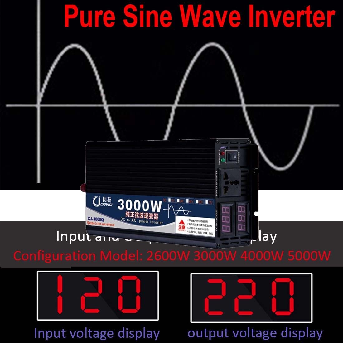 Przetwornica Samochodowa, Przetwornica Sinusoidalna 2600W, 3000W, 4000W, 5000W, Przetwornica Napięcia 12V/24V/48V/60V/72V Do 220V, Niezbędnik Do Podróży Na Zewnątrz,3000W-12V