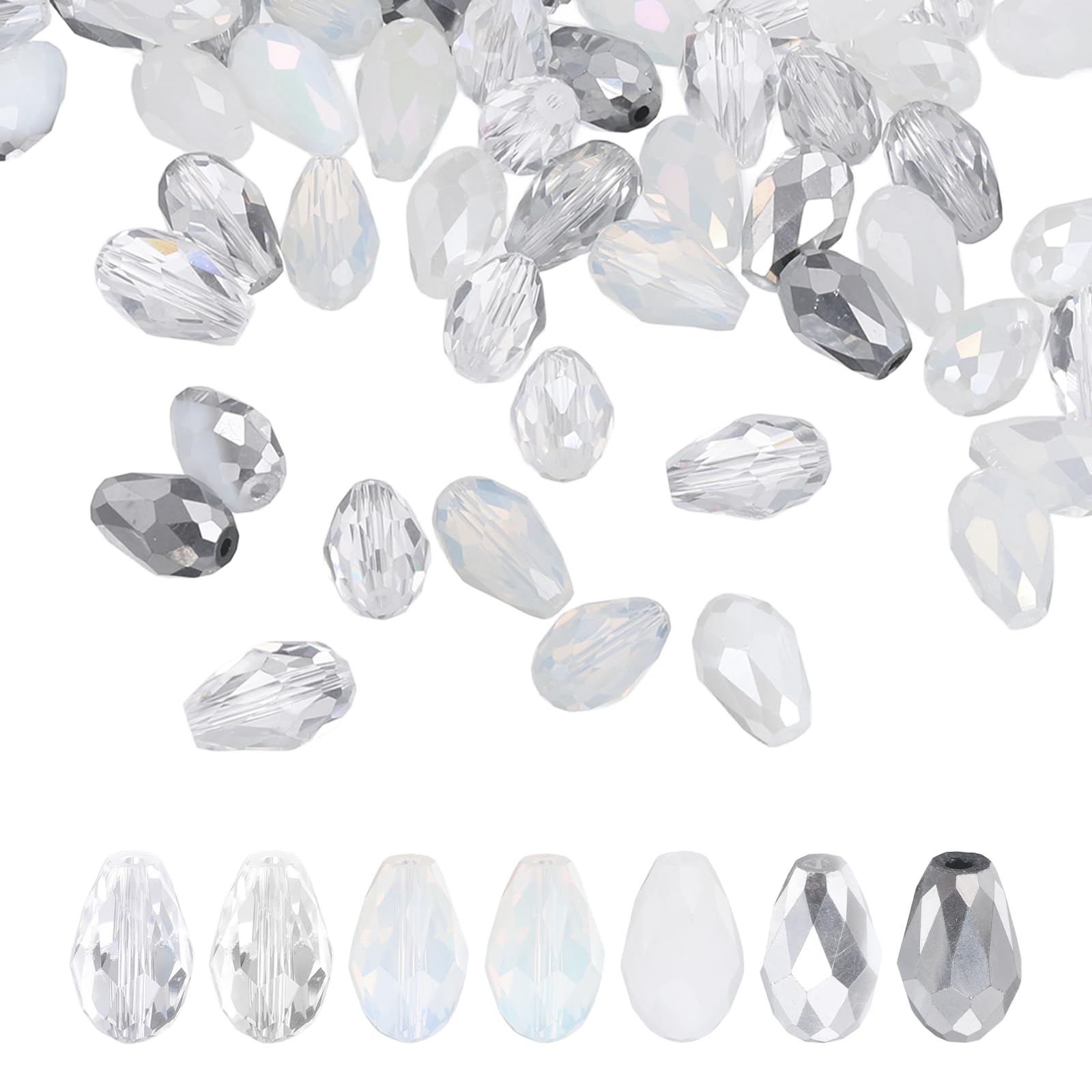 sourcing map 100 PCS Teardrop Crystal Glass Beads, 10x15mm Faceted Shape Crystal AB for Necklace Bracelet Earrings DIY Jewelry Crafts Making Supplies, White