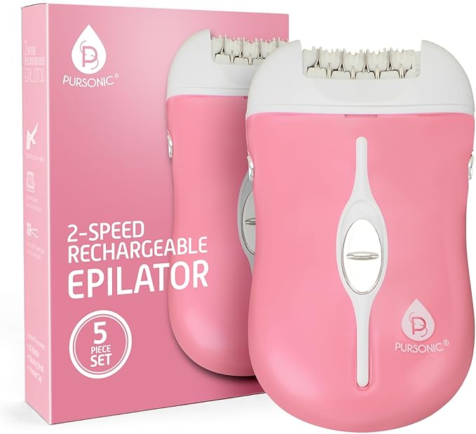 Pursonic Fe120P Cordless Epilator with 40 Tweezers - Rechargeable 2 Speed Epilators Hair Removal for Women - Compact Hair Removal Device for Arms, Legs, Underarms & Bikini Area (Pink)