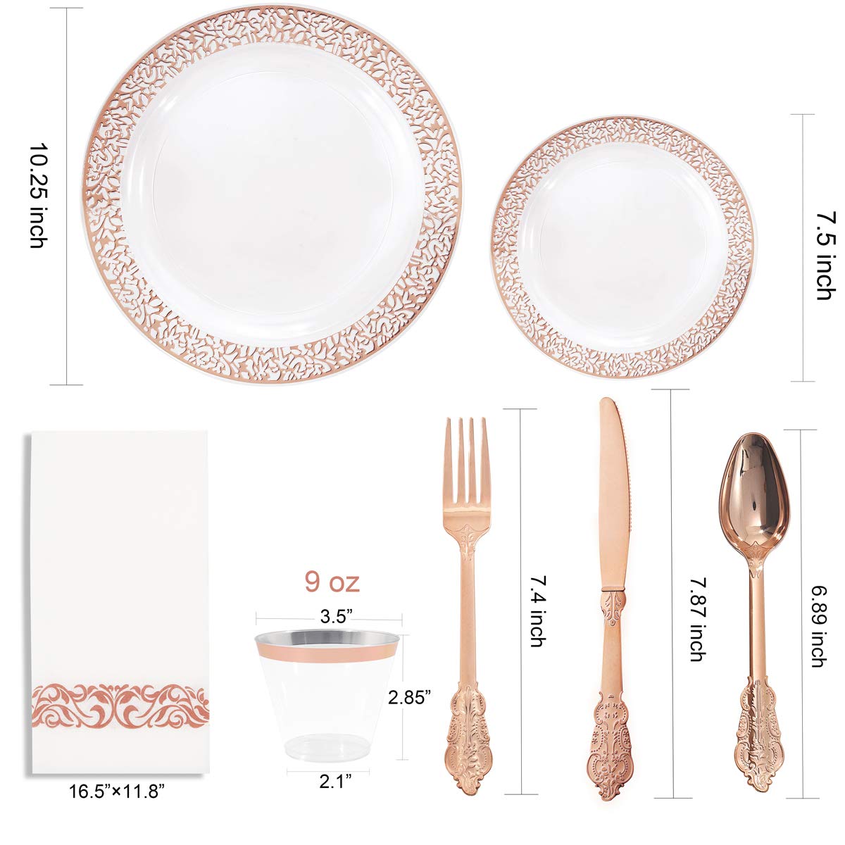 I00000 350Pcs Clear Rose Gold Dinnerware Set-100 plates with rose gold Lace Plastic-150 Rose Gold Plastic Silverware-50 Rose Gold Disposable Cups-50 Linen Like Paper Napkins for rose gold plate Party.