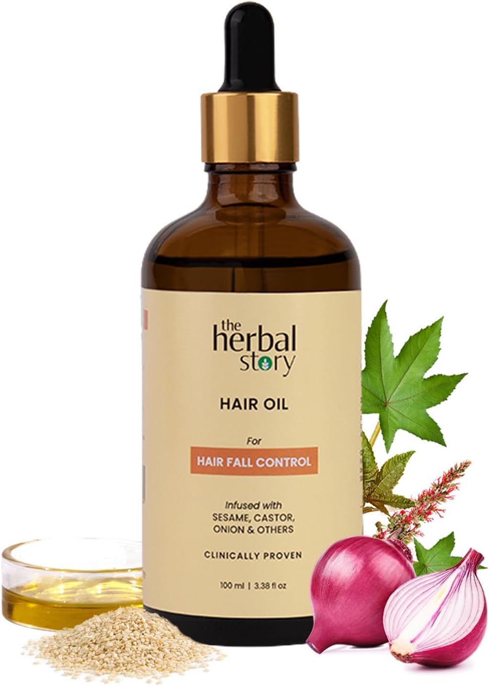 The Herbal Story Hair Fall Control Oil - 100 ml, Reducing Hair Fall, Promoting Volume and Adding Natural Shine- 100% Herbal Sesame, Onion and Castor Oil- Ayurvedic Hair Care oil for Women and Men