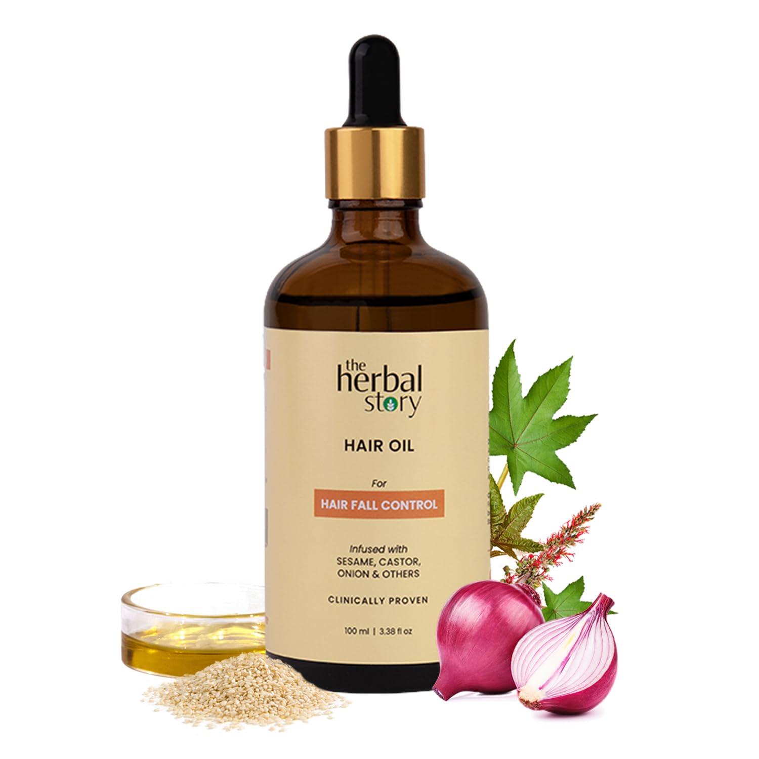 The Herbal Story Hair Fall Control Oil - 100 ml, Reducing Hair Fall, Promoting Volume and Adding Natural Shine- 100% Herbal Sesame, Onion and Castor Oil- Ayurvedic Hair Care oil for Women and Men