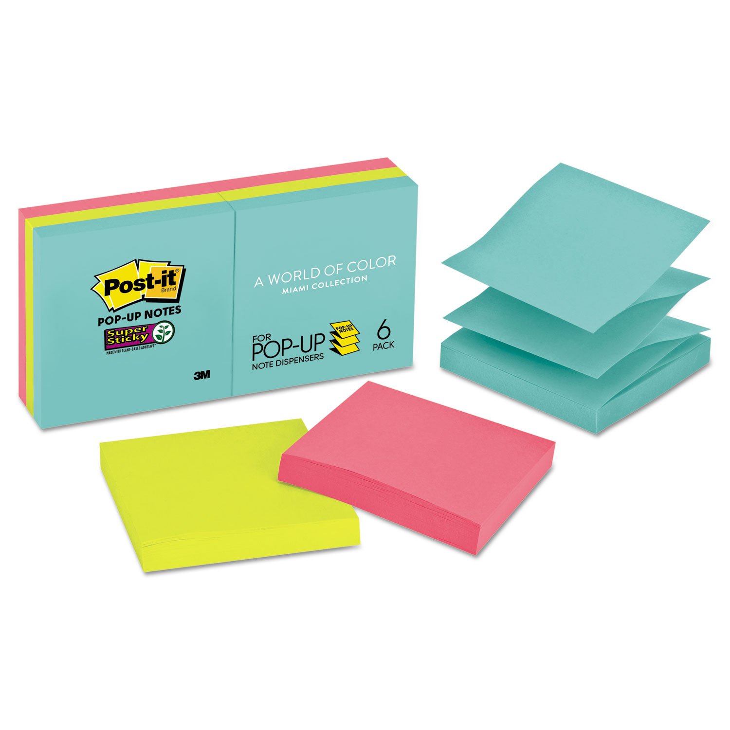 Post-it Pop-up Notes Super Sticky R3306SSMIA Pop-up 3 x 3 Note Refill Miami 90/Pad 6 Pads/Pack