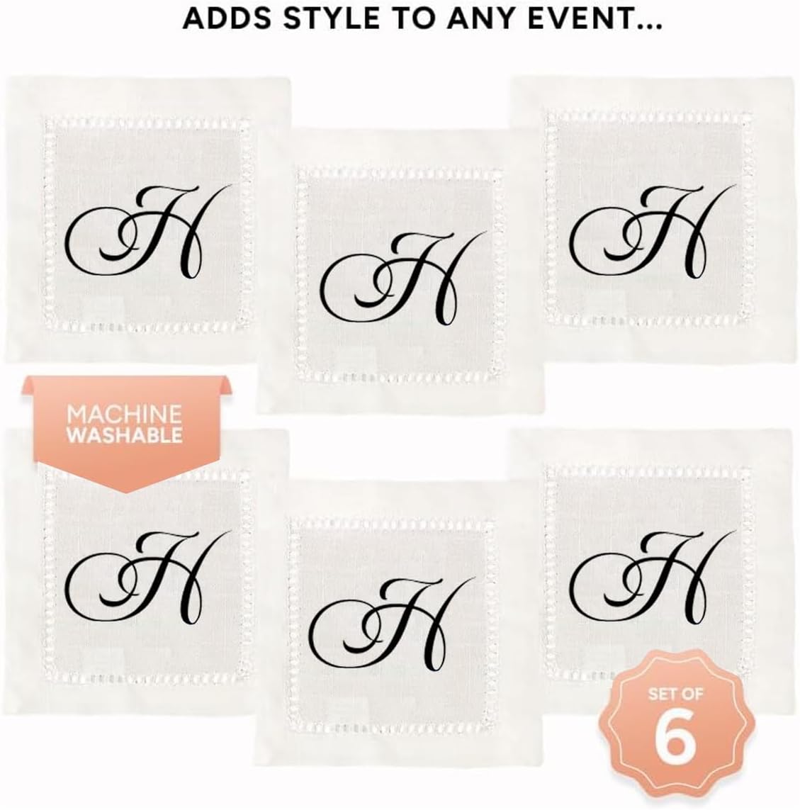 Jolitee Decorative Hemstitch Cocktail Napkins with Printed Initials H – 6"x6" Linen-Like Washable Fabric – Handmade Cloth Napkins for Entertaining, Parties, and Everyday Use
