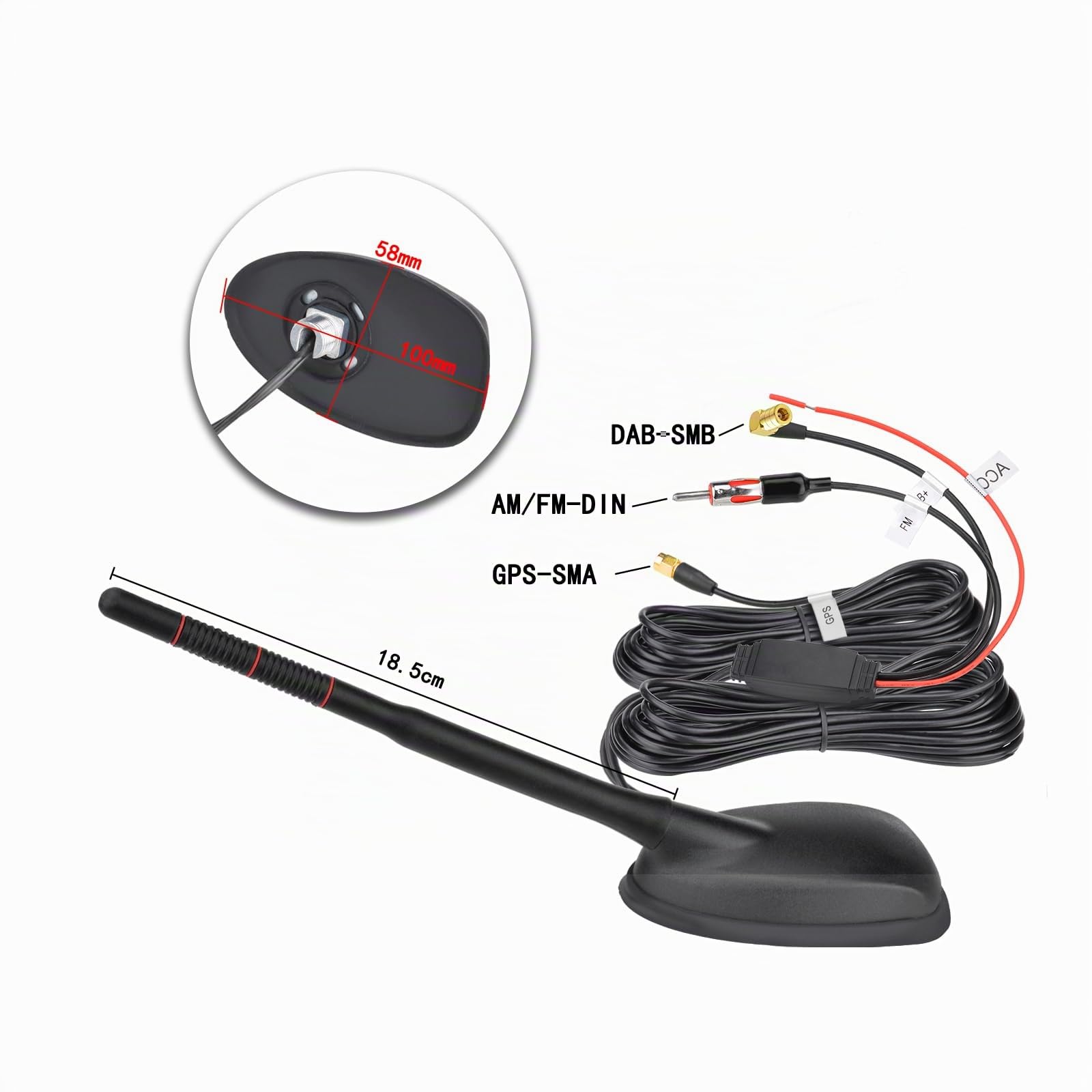 Eightwood Antenna Auto Attiva DAB+FM GPS Cavo 5m Connettori SMB SMA DIN | Antenna da tetto universale con amplificatore di segnale integrato Compatibile autoradio digitale GPS