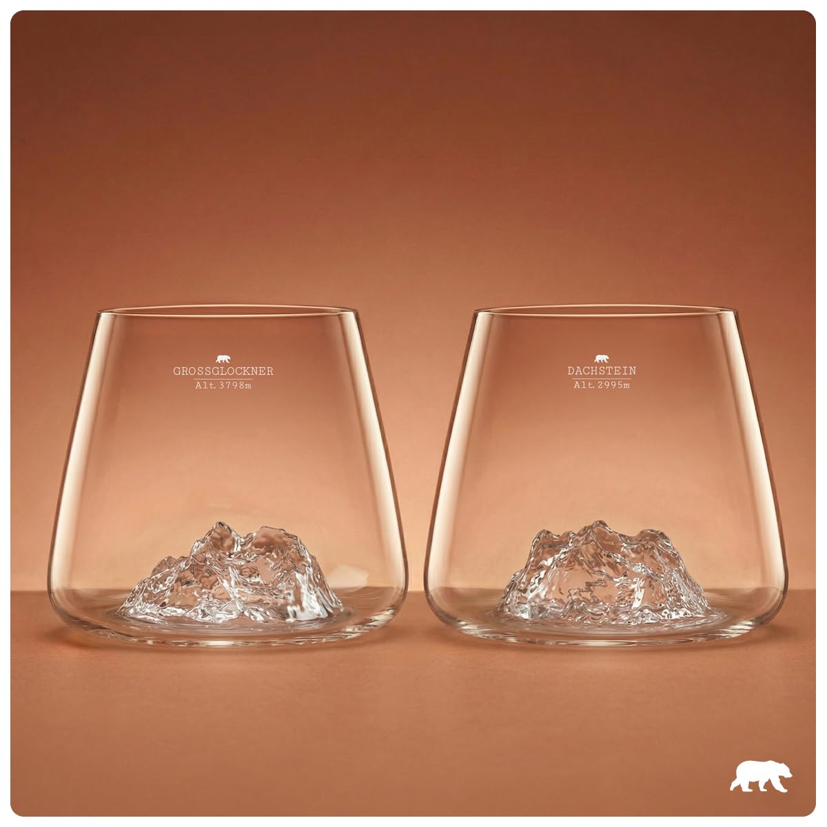 Whiskygläser 350 ml (2 Stück) – hochwertiges Borosilikatglas, handgeblasen mit geprägten Bergen | Tulpenform | TOPOGRAPHISCHE Spirituosen (Österreichische Berge)