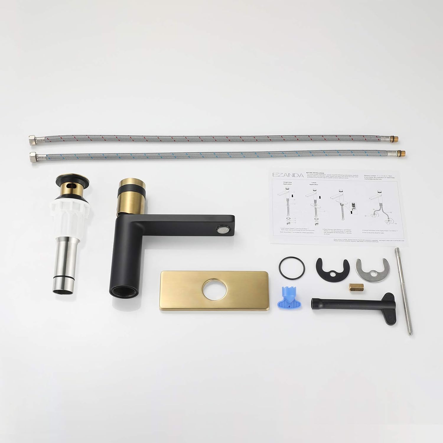 Blасk Frіdау - 60% оƒƒ EZANDA Brass Single Handle Bathroom Faucet with Deck Plate, Pop-up Sink Drain Assembly & Faucet Supply Lines,Matte Black with Brushed Gold,1416410